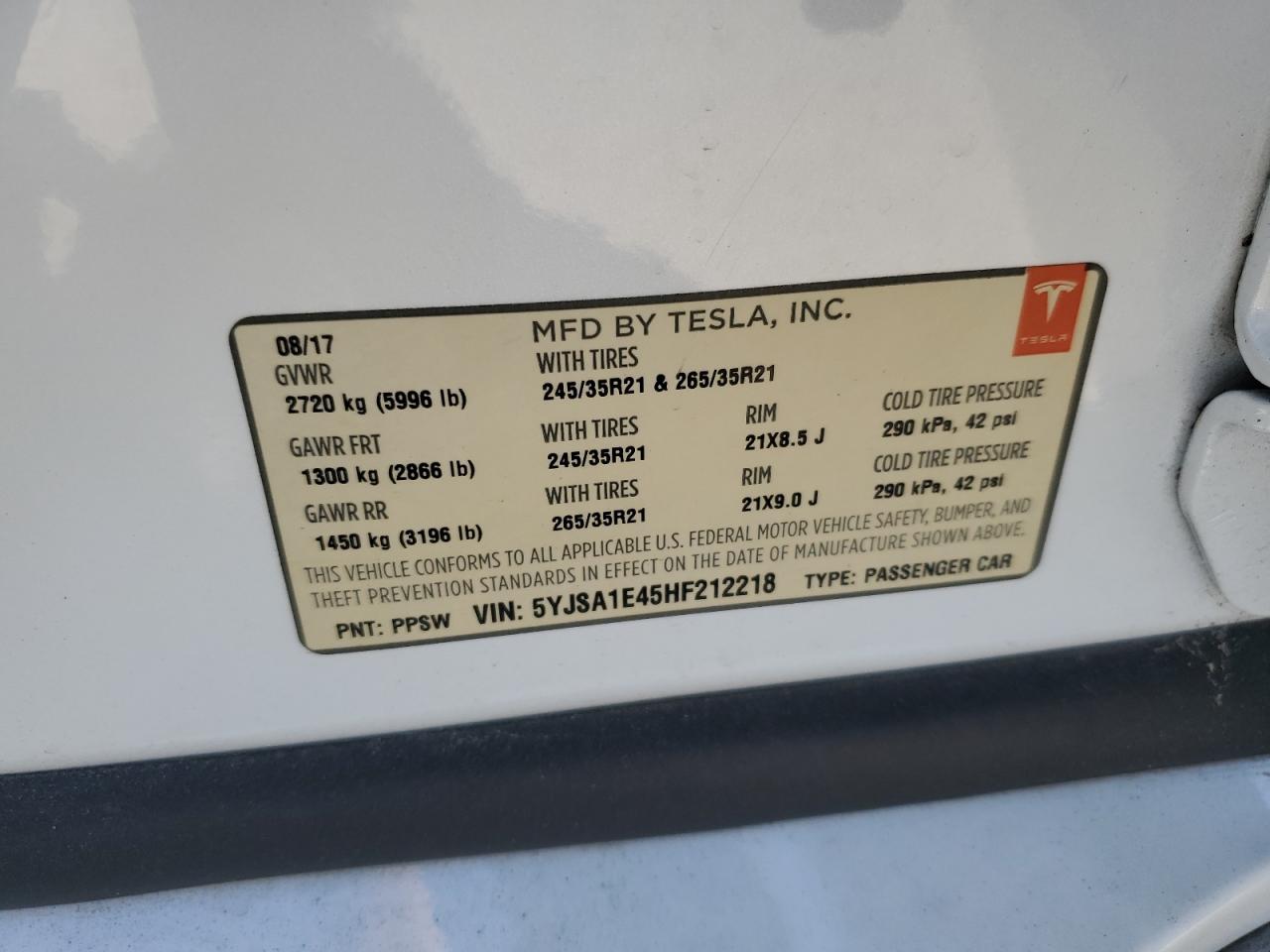 2017 Tesla Model S VIN: 5YJSA1E45HF212218 Lot: 83811765