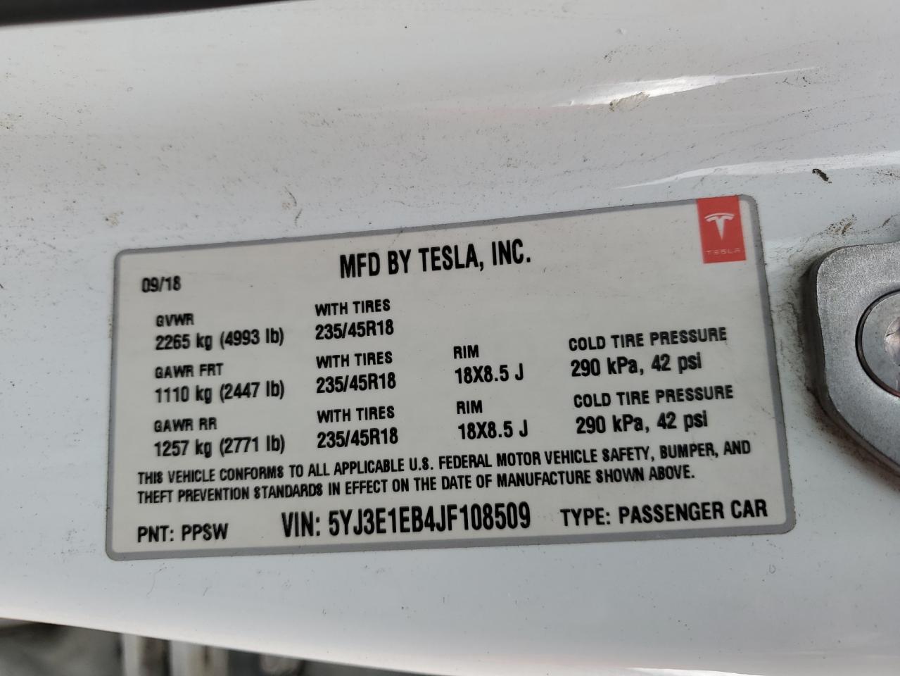 2018 Tesla Model 3 VIN: 5YJ3E1EB4JF108509 Lot: 83973545
