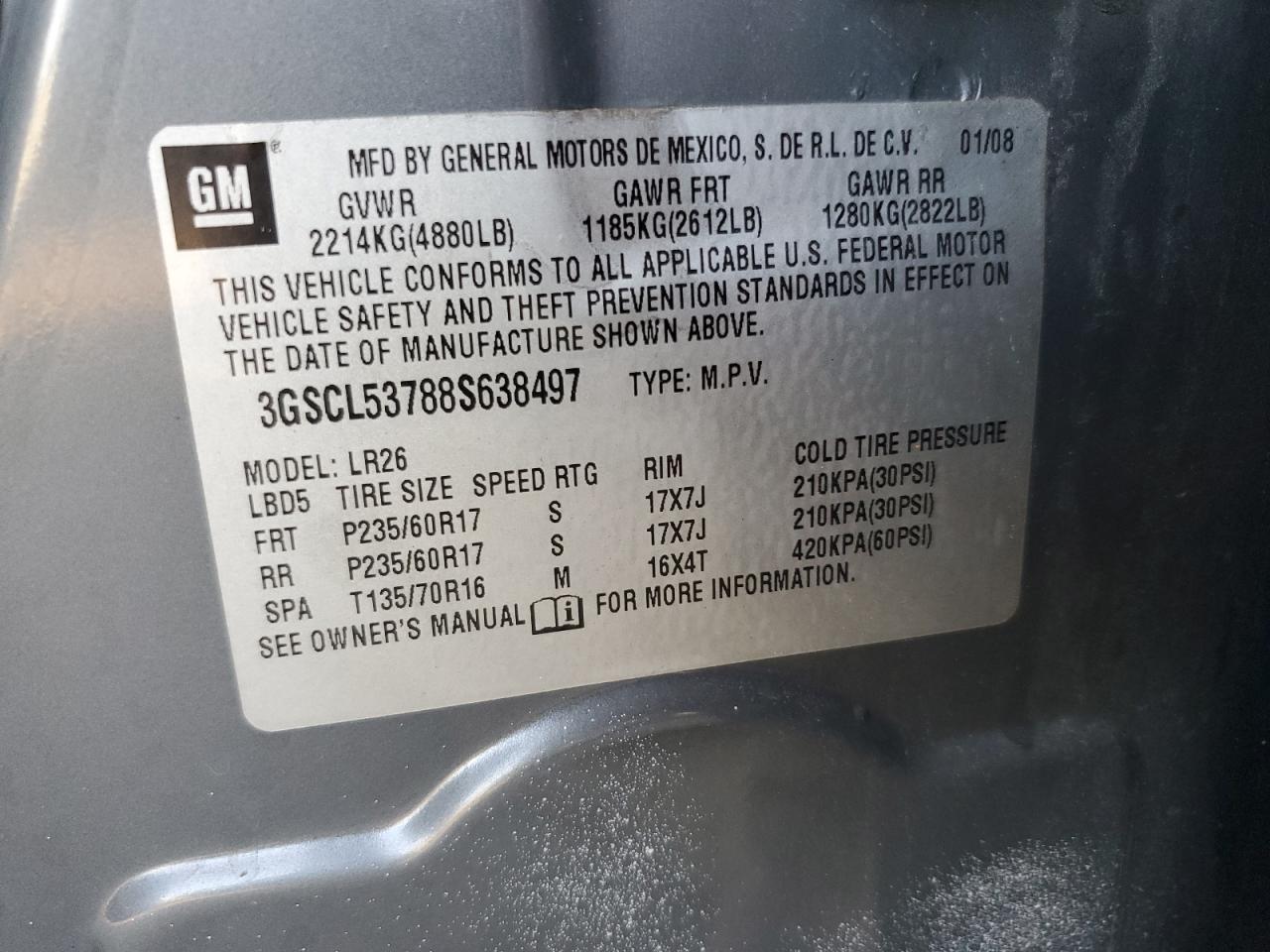 2008 Saturn Vue Xr VIN: 3GSCL53788S638497 Lot: 84275175