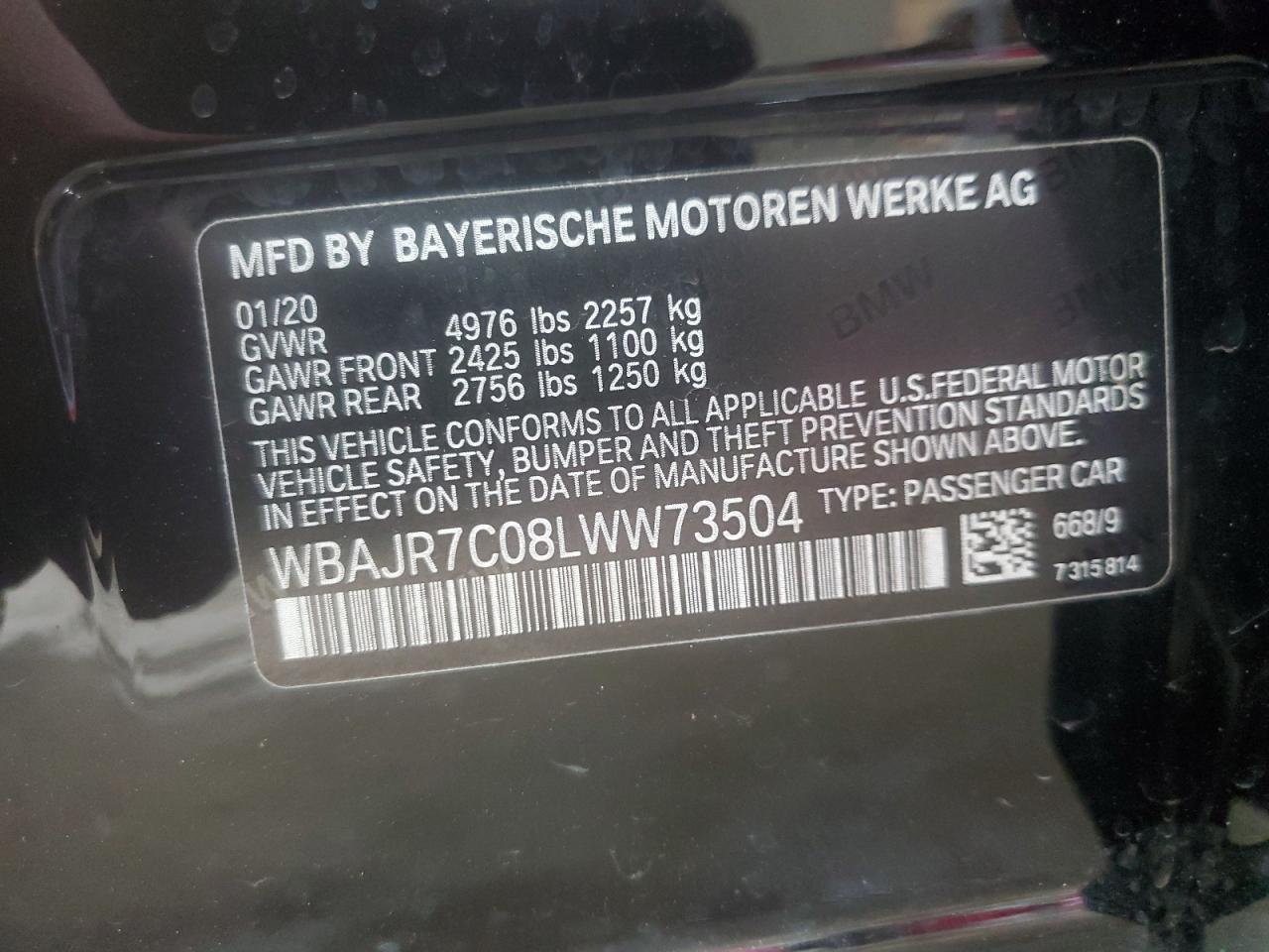 2020 BMW 530 Xi VIN: WBAJR7C08LWW73504 Lot: 80574605