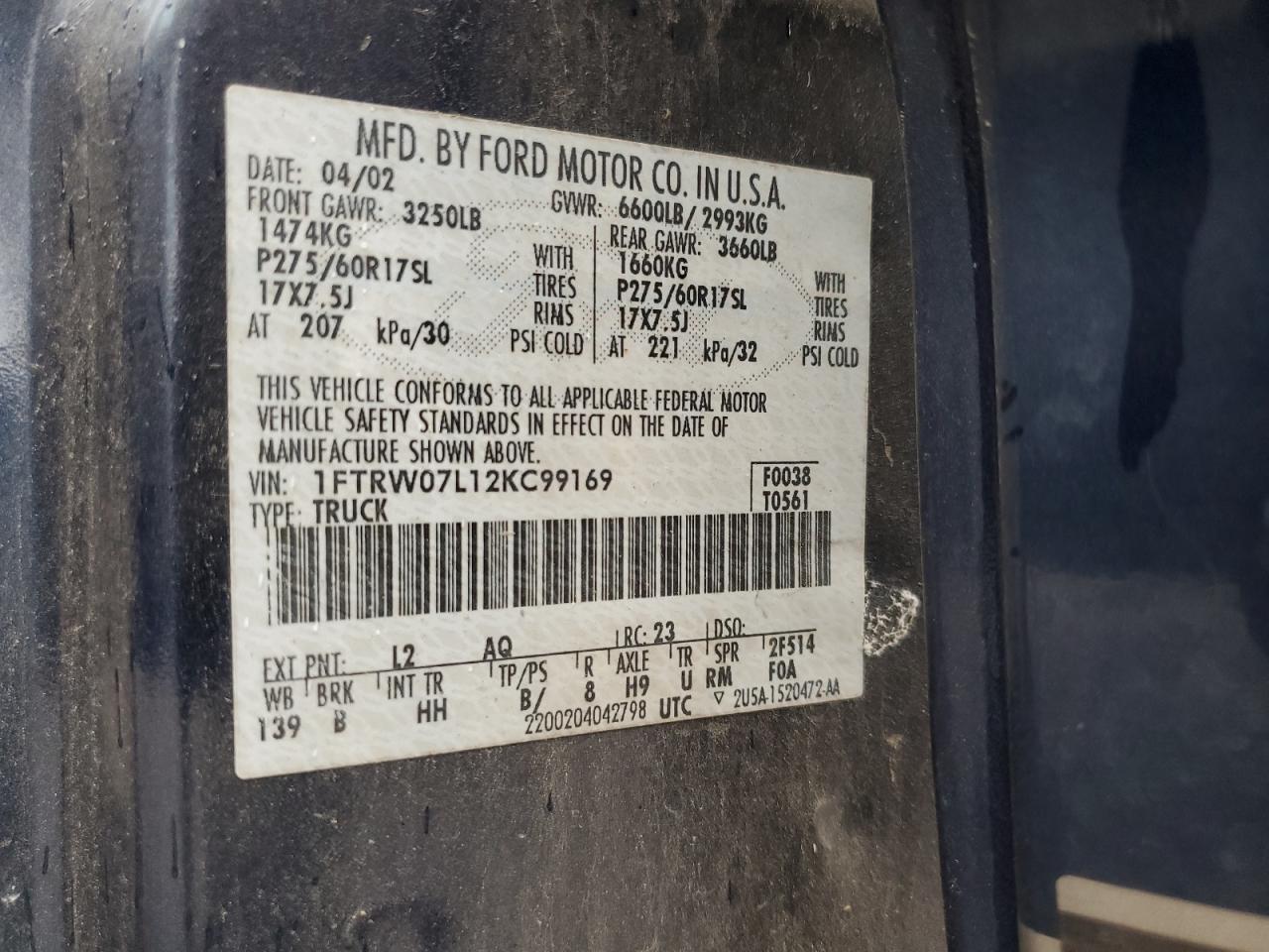 2002 Ford F150 Supercrew VIN: 1FTRW07L12KC99169 Lot: 81414385