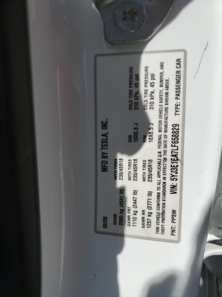 2020 Tesla Model 3 VIN: 5YJ3E1EA7LF658829 Lot: 80392495