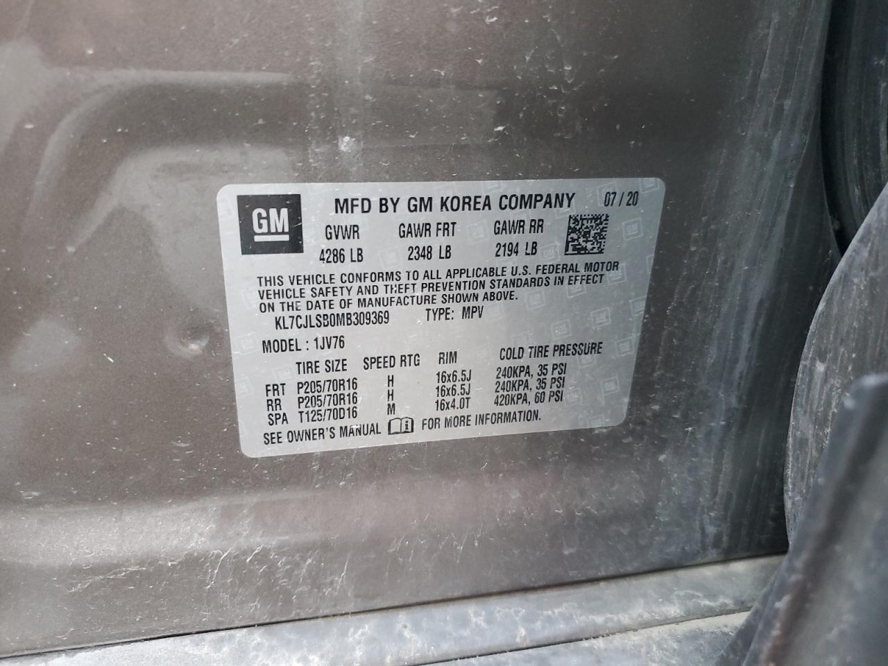 KL7CJLSB0MB309369 2021 Chevrolet Trax 1Lt