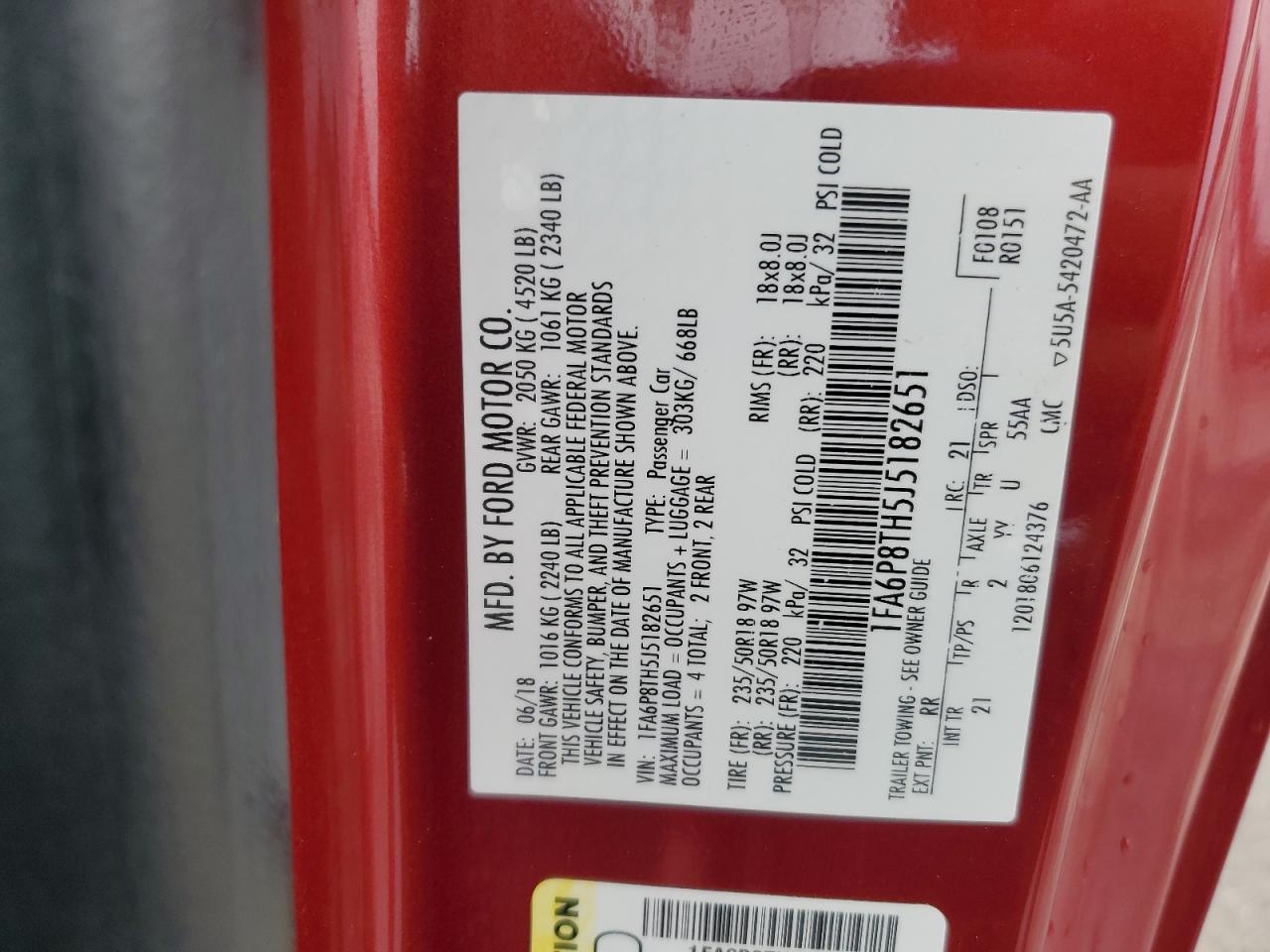 2018 Ford Mustang VIN: 1FA6P8TH5J5182651 Lot: 71600085