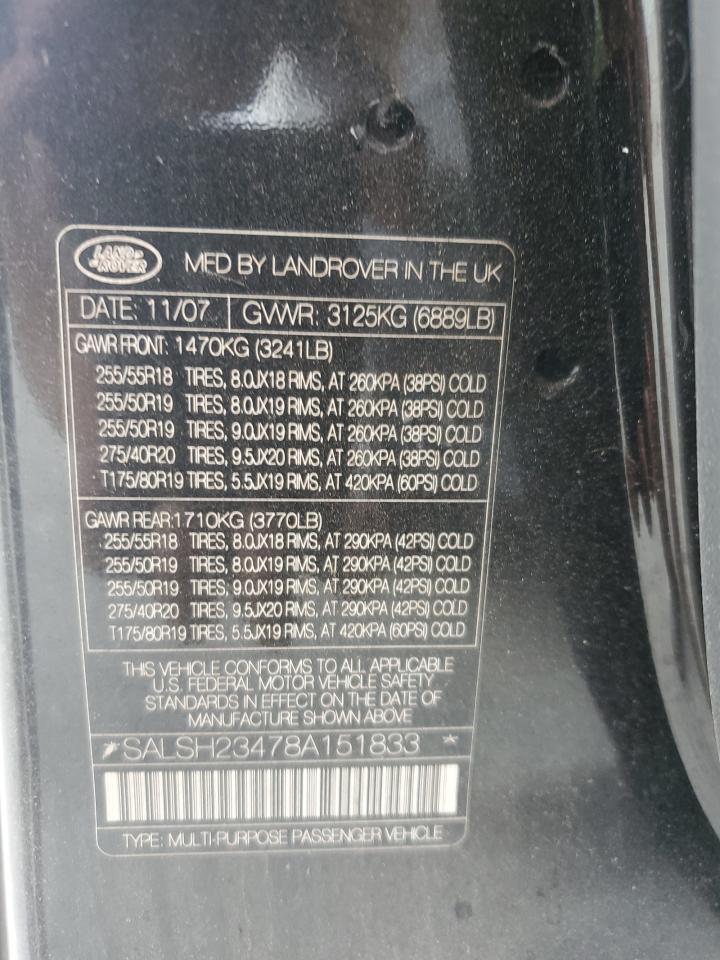 2008 Land Rover Range Rover Sport Supercharged VIN: SALSH23478A151833 Lot: 81928475
