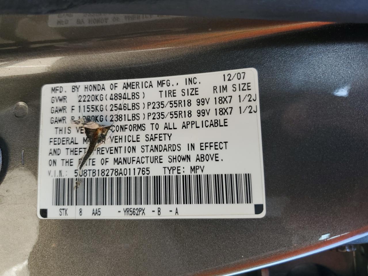 2008 Acura Rdx VIN: 5J8TB18278A011765 Lot: 80196615