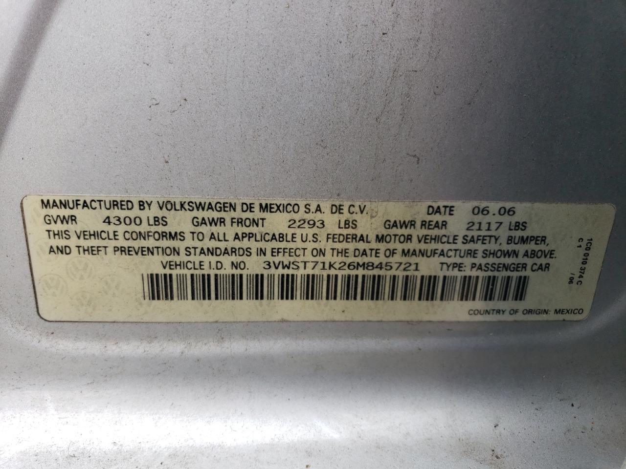 2006 Volkswagen Jetta Tdi Option Package 1 VIN: 3VWST71K26M845721 Lot: 84236855