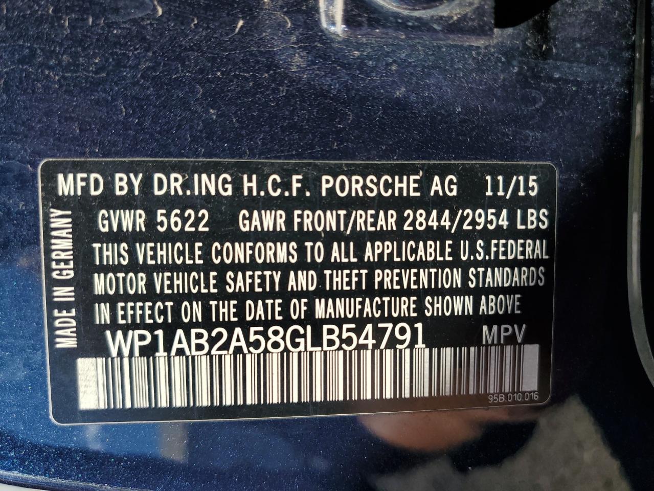 2016 Porsche Macan S VIN: WP1AB2A58GLB54791 Lot: 71820465