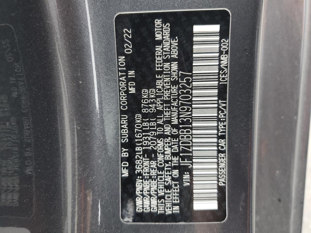 2022 Subaru Brz Premium VIN: JF1ZDBB13N9703257 Lot: 80908475