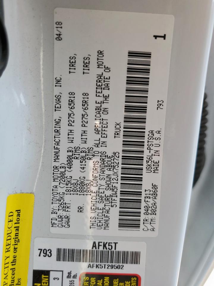 2018 Toyota Tundra Crewmax Sr5 VIN: 5TFDW5F12JX752725 Lot: 80577255