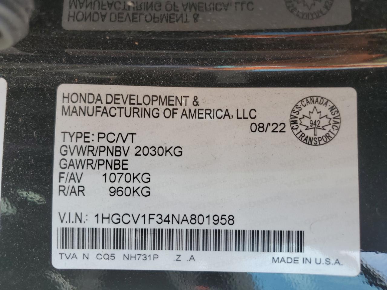 2022 Honda Accord Sport VIN: 1HGCV1F34NA801958 Lot: 71709215