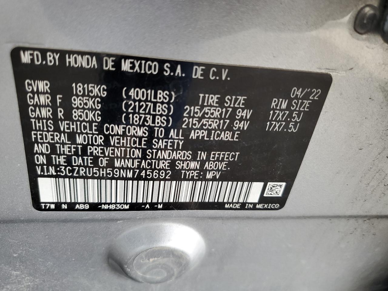 2022 Honda Hr-V Ex VIN: 3CZRU5H59NM745692 Lot: 71747955