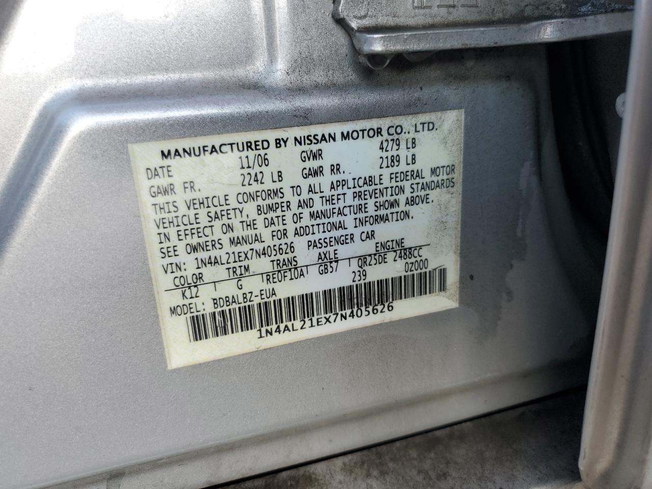 2007 Nissan Altima 2.5 VIN: 1N4AL21EX7N405626 Lot: 81375635