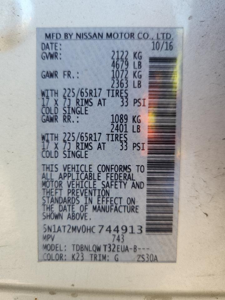 2017 Nissan Rogue Sv VIN: 5N1AT2MV0HC744913 Lot: 71498845