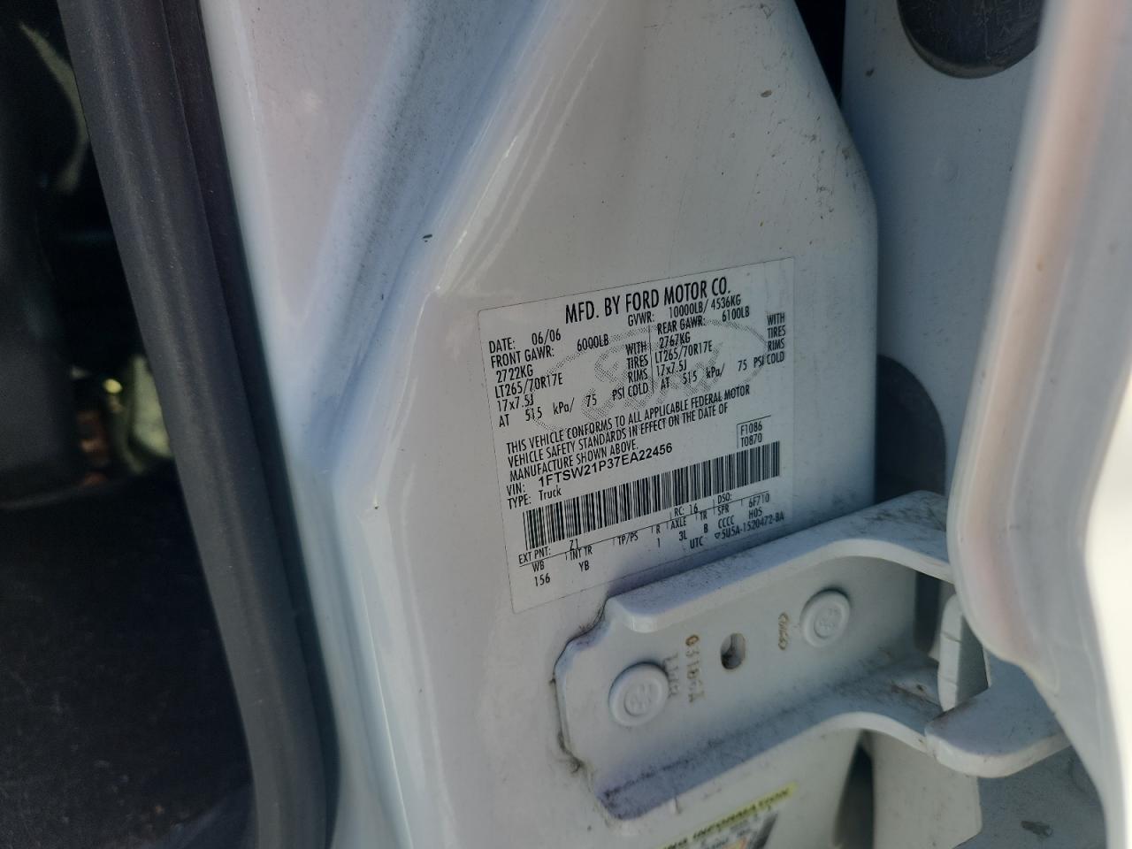 2007 Ford F250 Super Duty VIN: 1FTSW21P37EA22456 Lot: 80312195