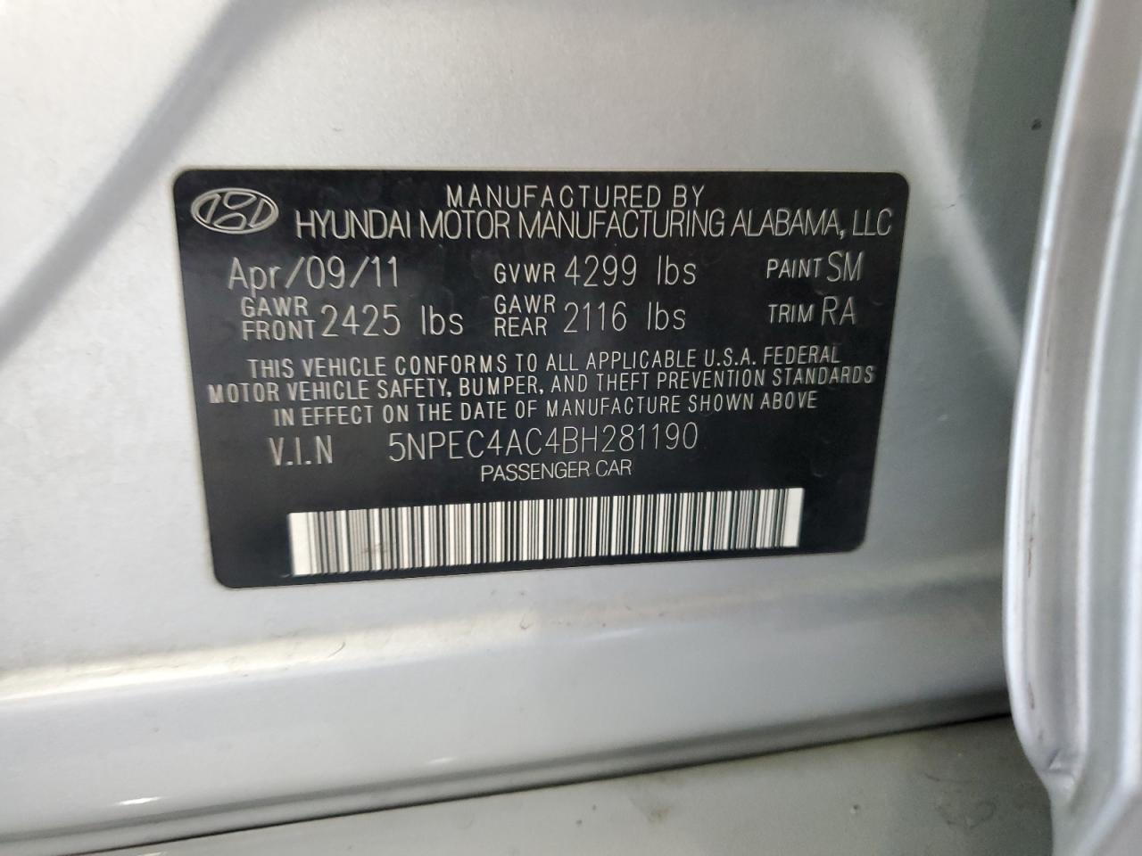 2011 Hyundai Sonata Se VIN: 5NPEC4AC4BH281190 Lot: 81102405