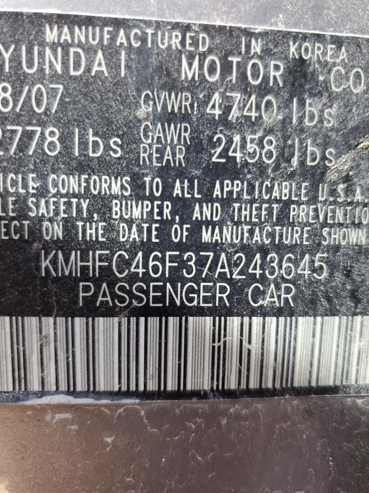 2007 Hyundai Azera Se VIN: KMHFC46F37A243645 Lot: 67687895