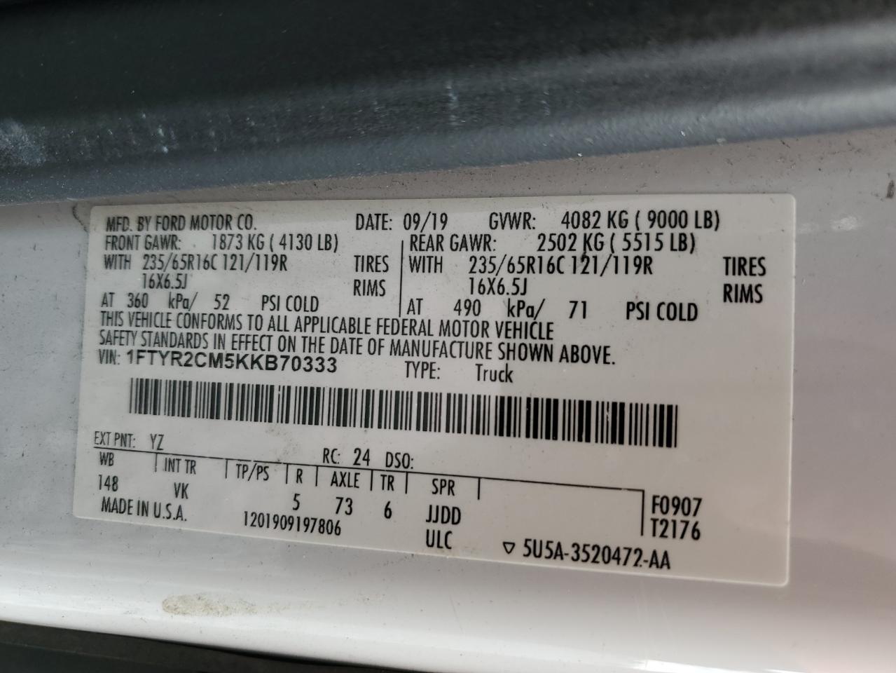 2019 Ford Transit T-250 VIN: 1FTYR2CM5KKB70333 Lot: 84614525