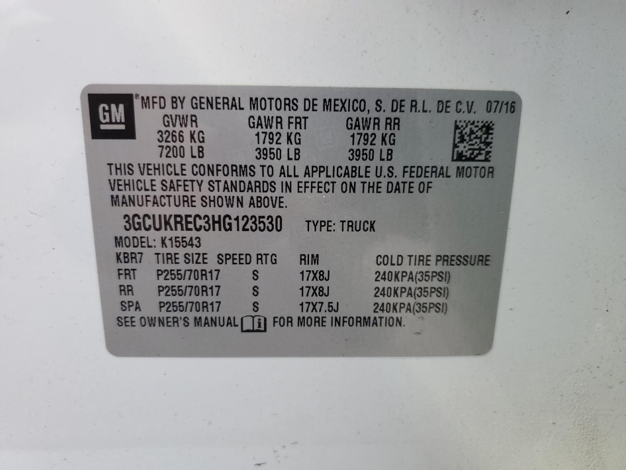 2017 Chevrolet Silverado K1500 Lt VIN: 3GCUKREC3HG123530 Lot: 84613955