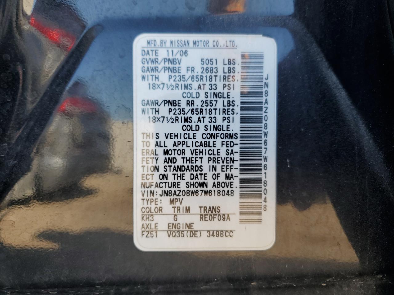 2007 Nissan Murano Sl VIN: JN8AZ08W67W618048 Lot: 80687855