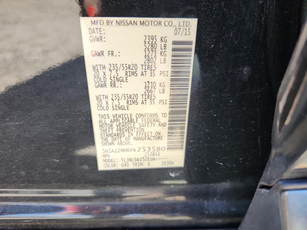 2015 Nissan Murano S VIN: 5N1AZ2MH6FN253580 Lot: 80683535