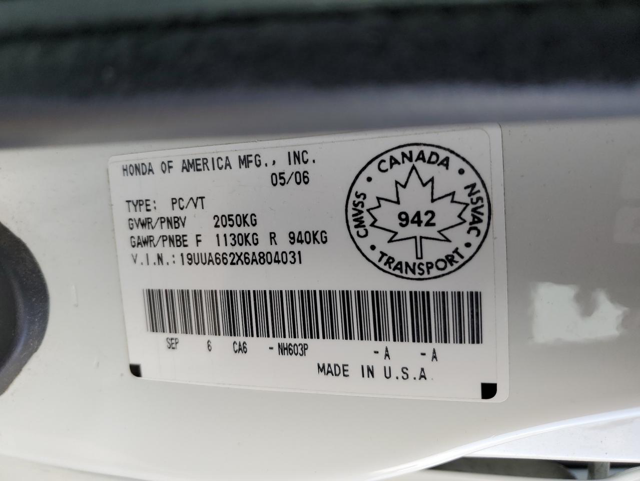 2006 Acura 3.2Tl VIN: 19UUA662X6A804031 Lot: 80606945