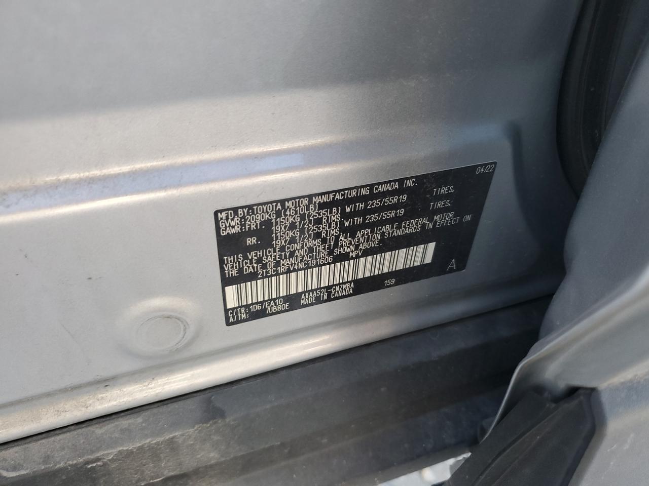 2022 Toyota Rav4 Xle Premium VIN: 2T3C1RFV4NC191606 Lot: 71017265