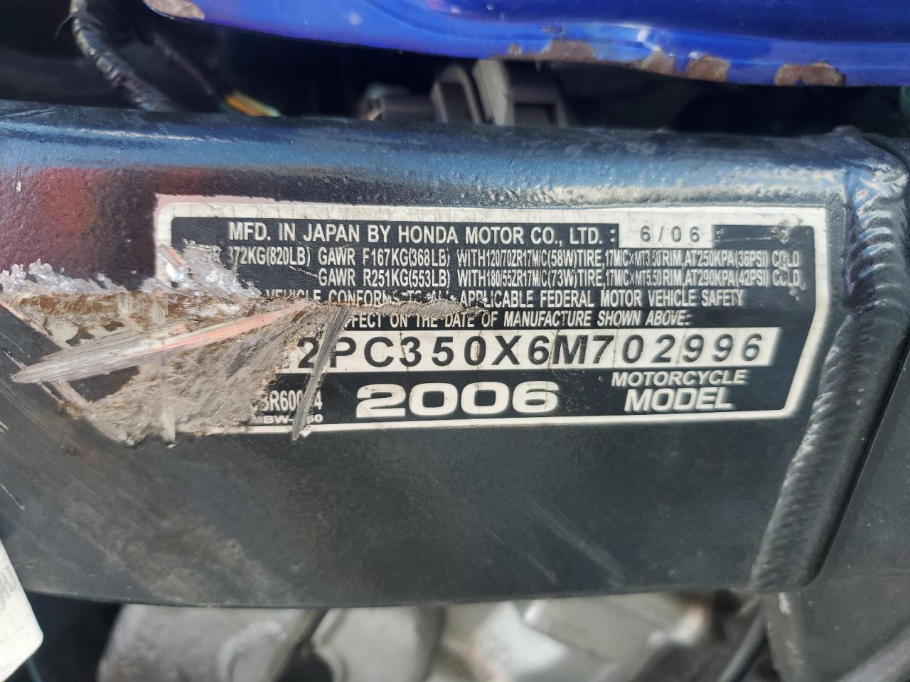 2006 Honda Cbr600 F4 VIN: JH2PC350X6M702996 Lot: 81887365