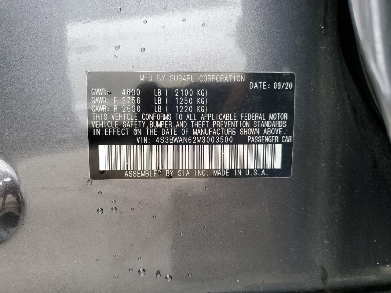 2021 Subaru Legacy Limited VIN: 4S3BWAN62M3003500 Lot: 81273705