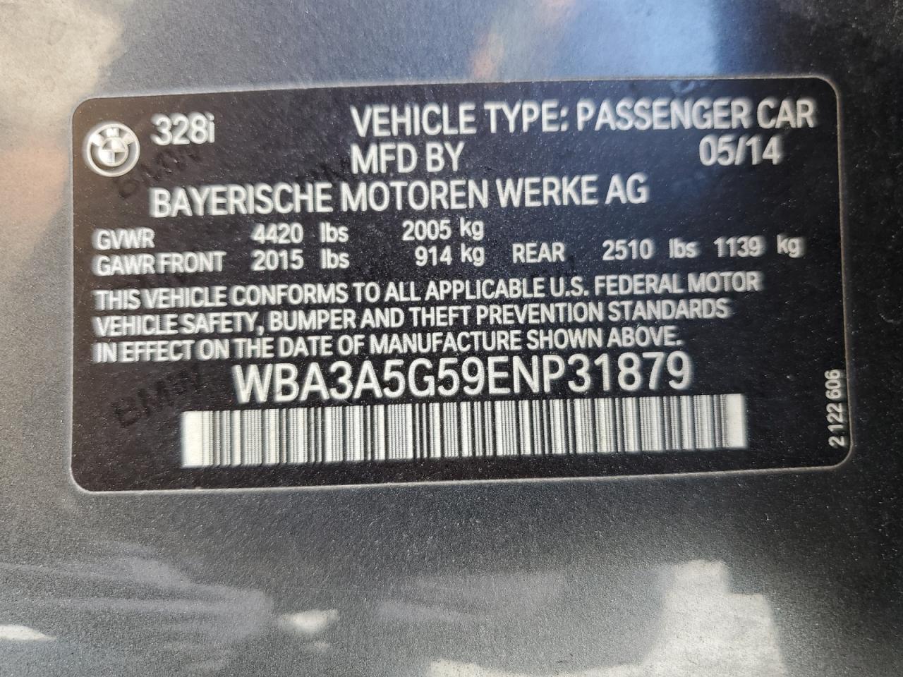 2014 BMW 328 I VIN: WBA3A5G59ENP31879 Lot: 81640025