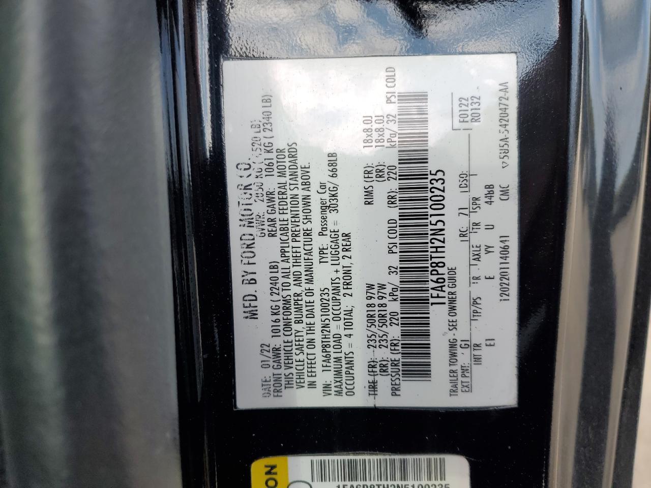 2022 Ford Mustang VIN: 1FA6P8TH2N5100235 Lot: 80023215