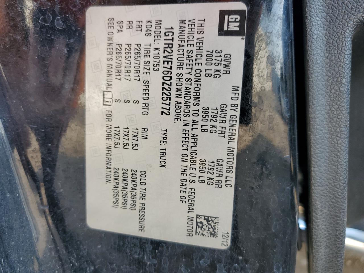 2013 GMC Sierra K1500 Sle VIN: 1GTR2VE76DZ225772 Lot: 71264235