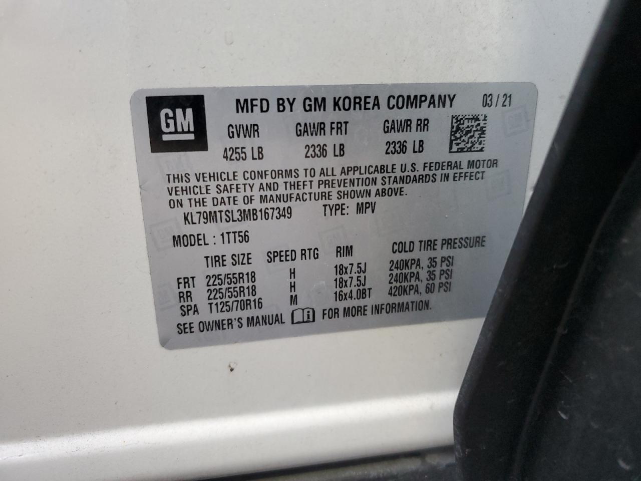 2021 Chevrolet Trailblazer Rs VIN: KL79MTSL3MB167349 Lot: 71475055