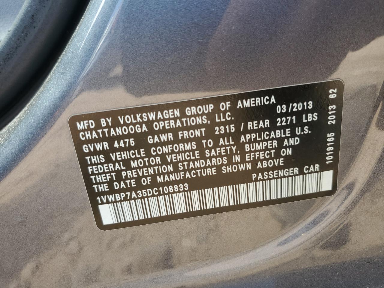 2013 Volkswagen Passat Se VIN: 1VWBP7A35DC108833 Lot: 71590855