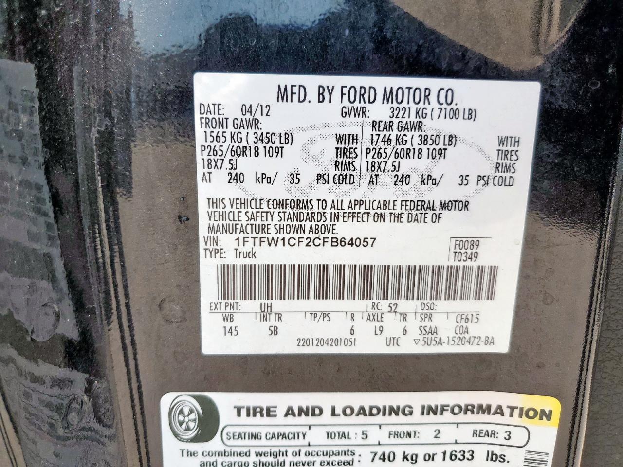 2012 Ford F150 Supercrew VIN: 1FTFW1CF2CFB64057 Lot: 81752845