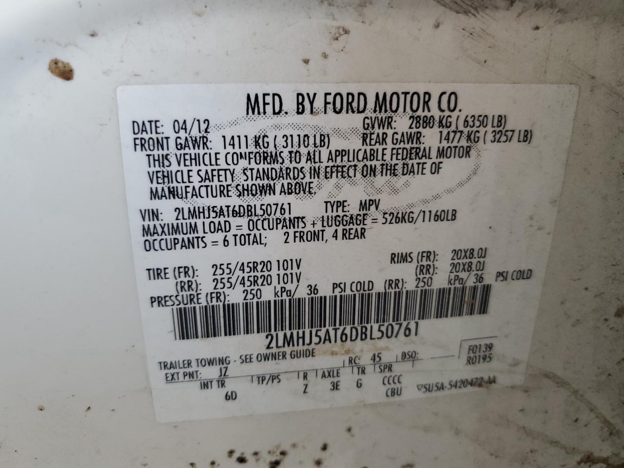 2013 Lincoln Mkt VIN: 2LMHJ5AT6DBL50761 Lot: 81640845