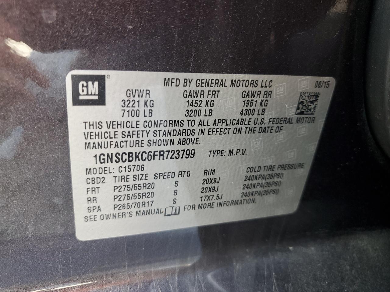 2015 Chevrolet Tahoe C1500 Lt VIN: 1GNSCBKC6FR723799 Lot: 81678785