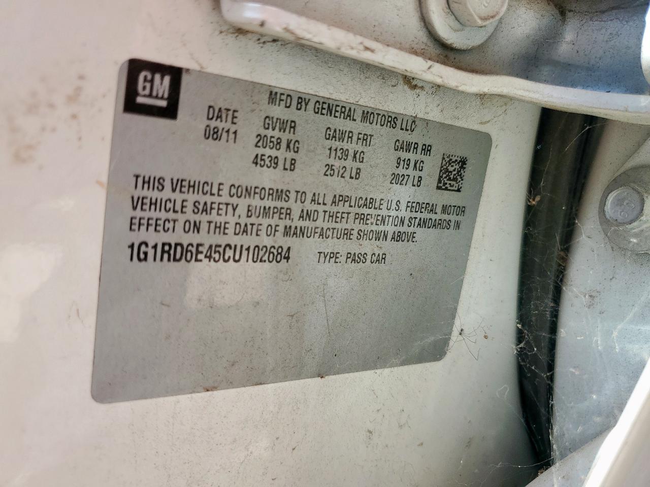2012 Chevrolet Volt VIN: 1G1RD6E45CU102684 Lot: 83994565