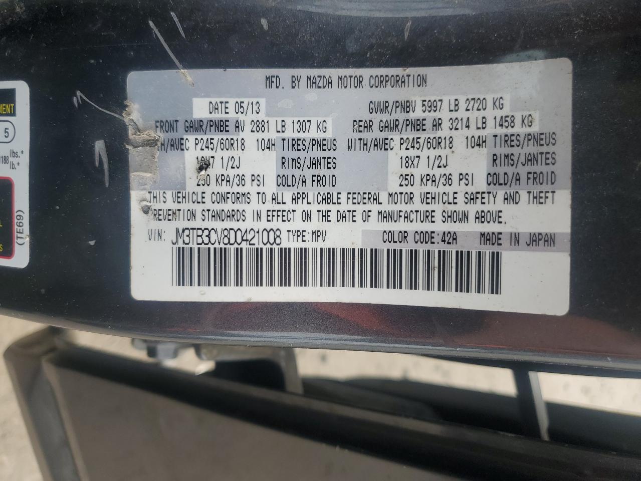 2013 Mazda Cx-9 Touring VIN: JM3TB3CV8D0421008 Lot: 81375315