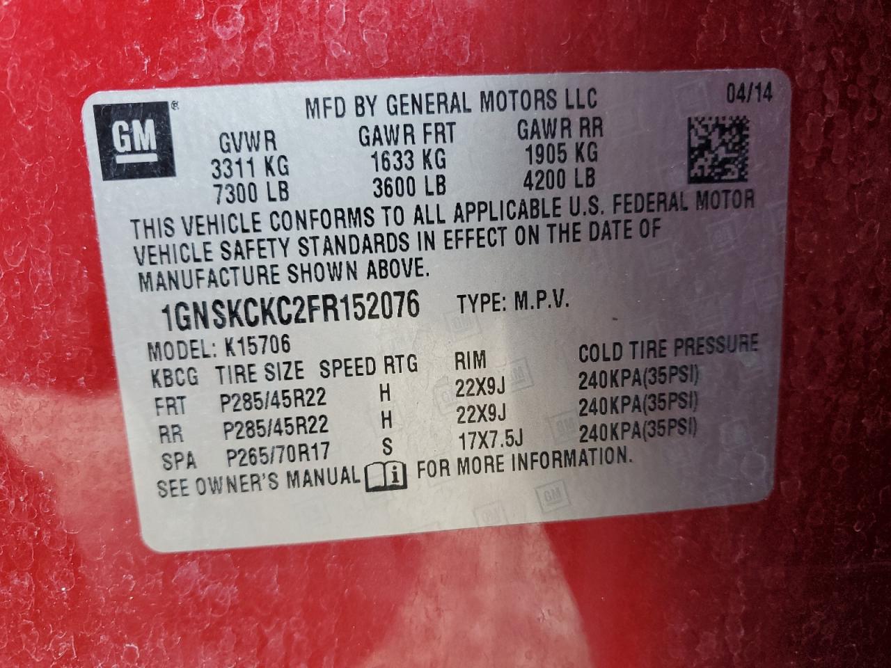 2015 Chevrolet Tahoe K1500 Ltz VIN: 1GNSKCKC2FR152076 Lot: 70891595