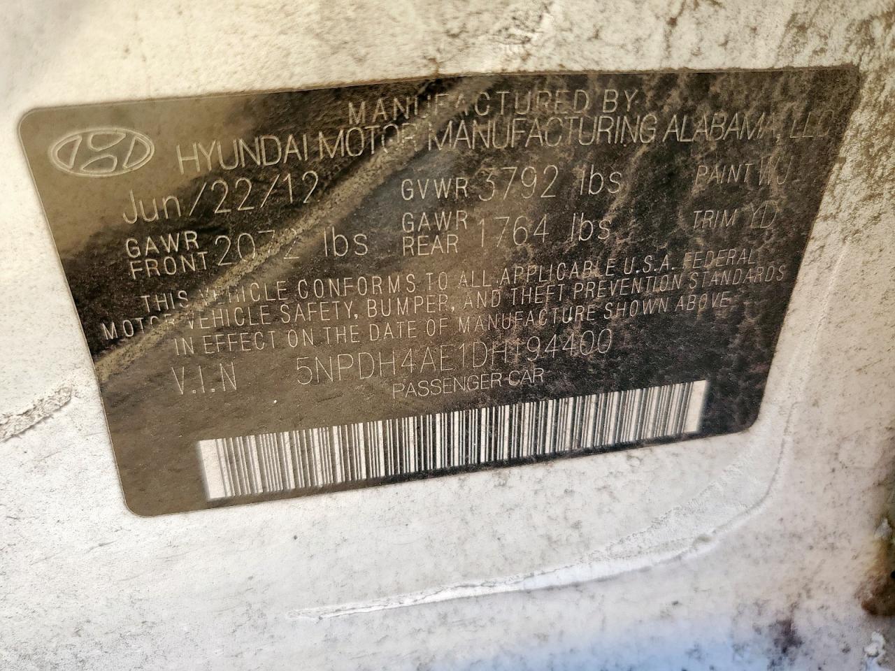 2013 Hyundai Elantra Gls VIN: 5NPDH4AE1DH194400 Lot: 84043085