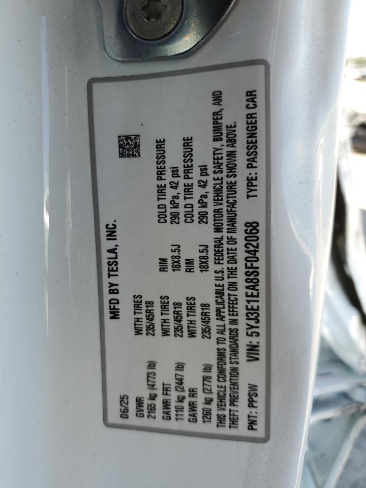 2025 Tesla Model 3 VIN: 5YJ3E1EA8SF042068 Lot: 71524935