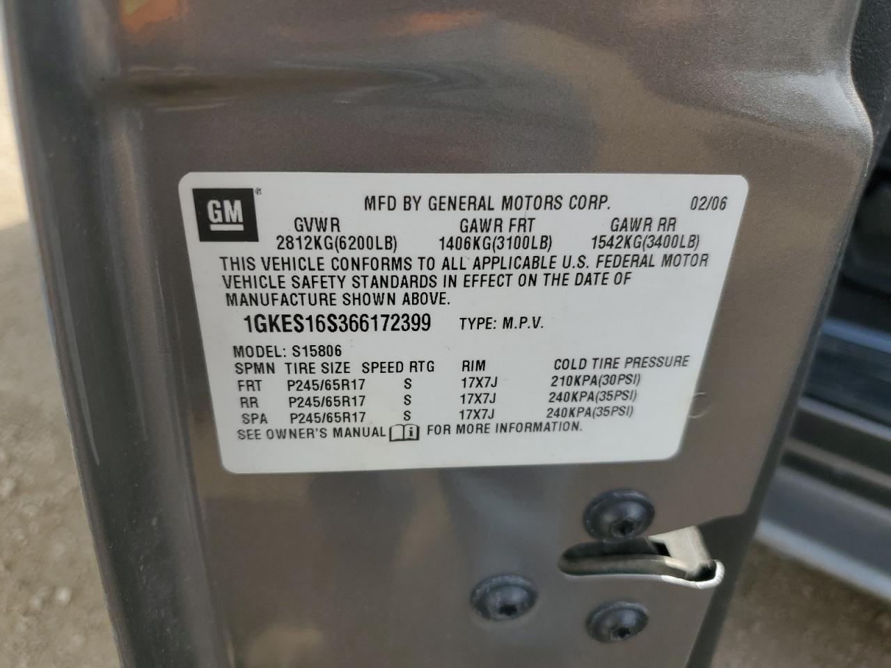 2006 GMC Envoy Xl VIN: 1GKES16S366172399 Lot: 80088655