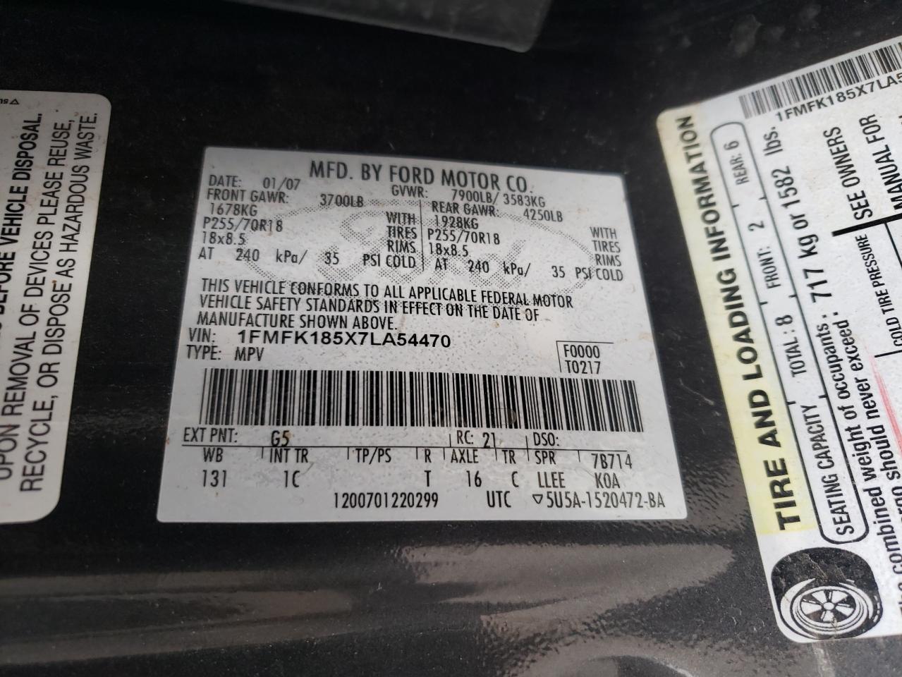 2007 Ford Expedition El Eddie Bauer VIN: 1FMFK185X7LA54470 Lot: 80958415