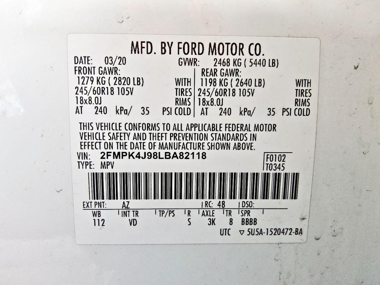 2020 Ford Edge Sel VIN: 2FMPK4J98LBA82118 Lot: 84542335