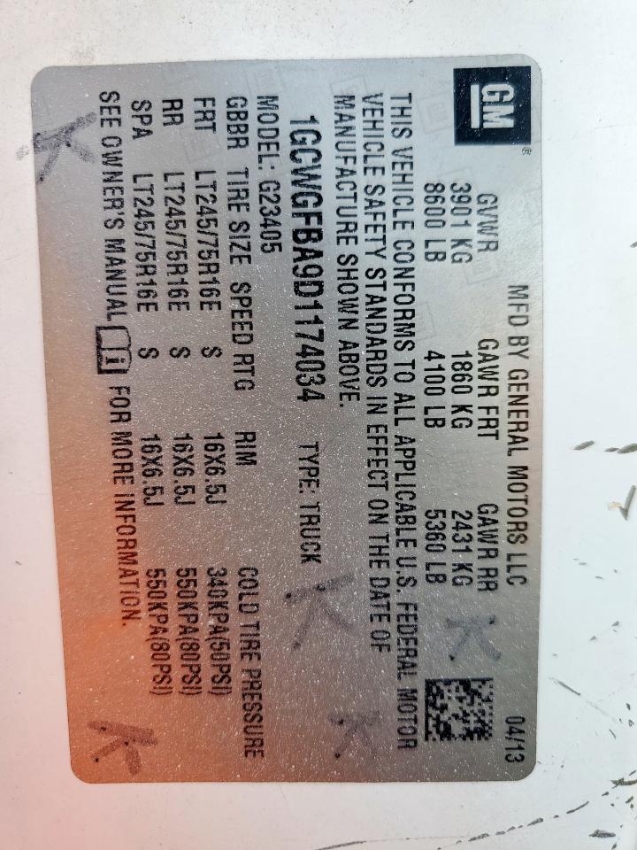 2013 Chev Express G2500 VIN: 1GCWGFBA9D1174034 Lot: 70538335