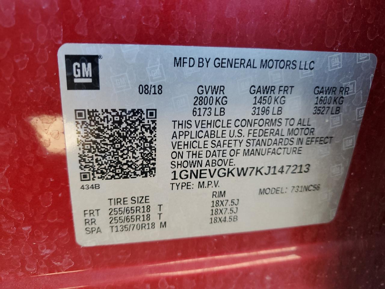 2019 Chevrolet Traverse Lt VIN: 1GNEVGKW7KJ147213 Lot: 71449285