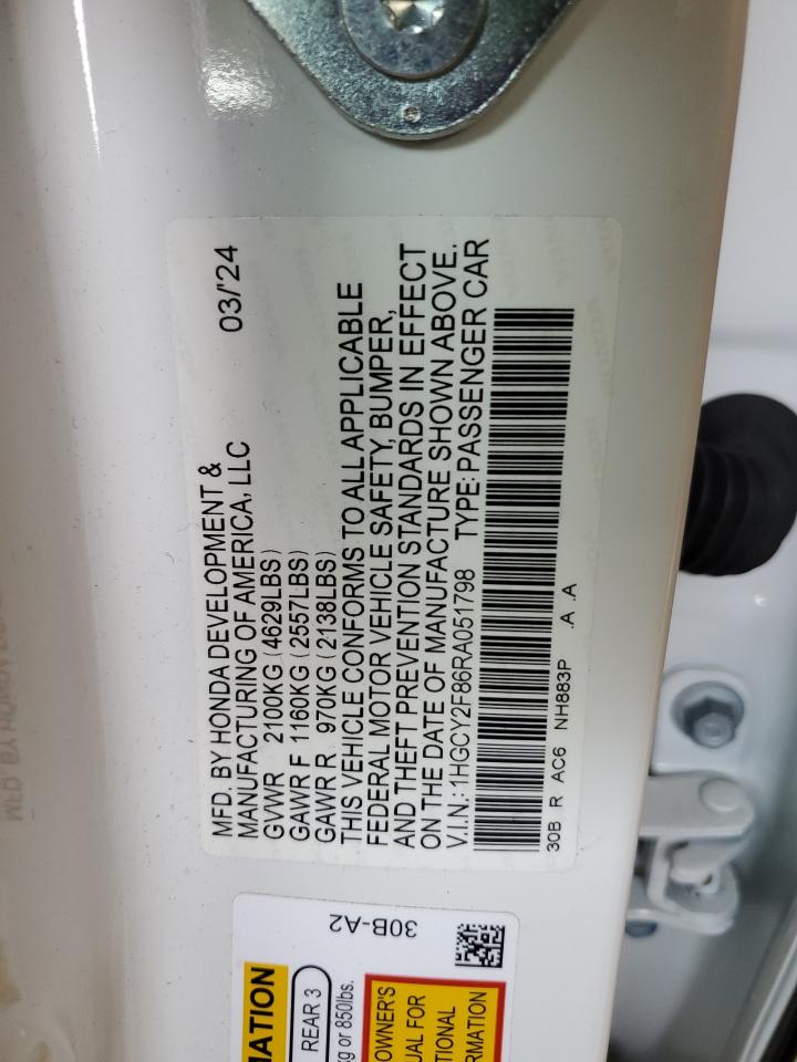 2024 Honda Accord Touring Hybrid VIN: 1HGCY2F86RA051798 Lot: 80748135