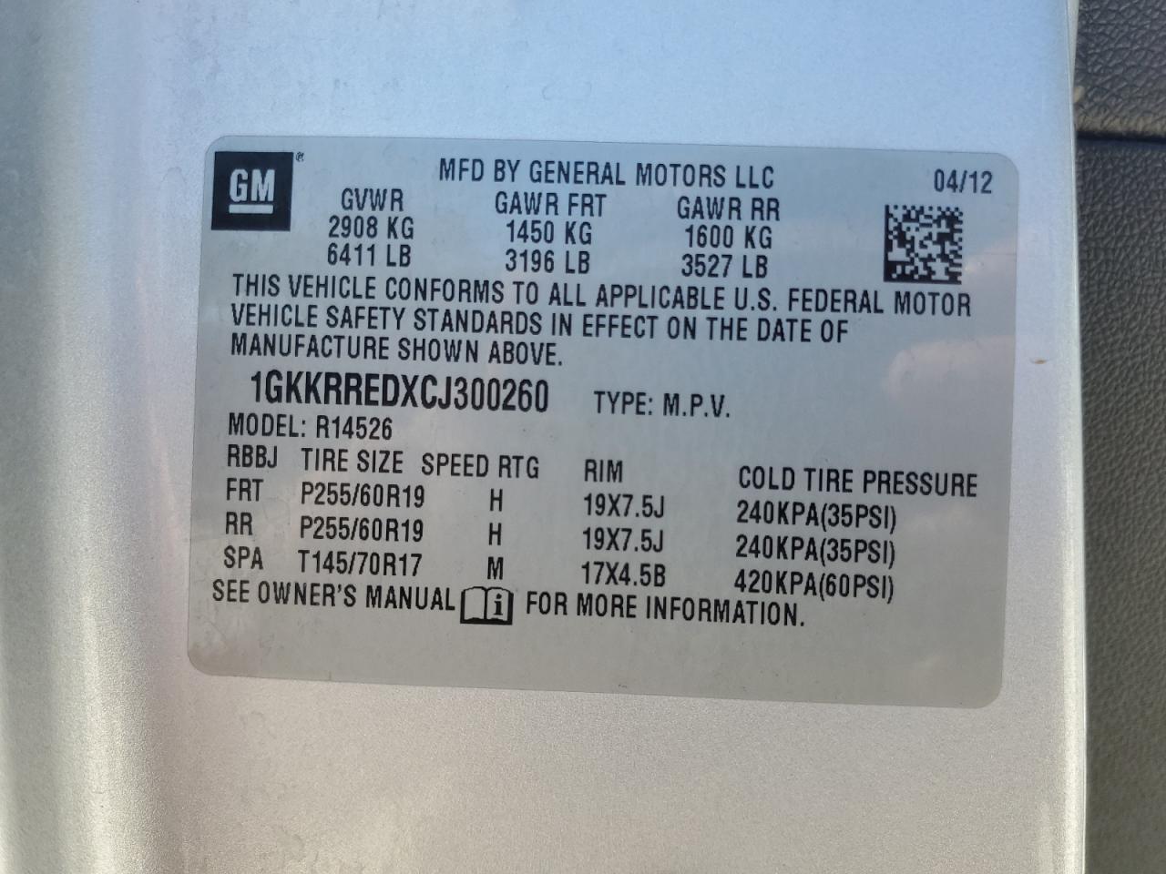 2012 GMC Acadia Slt-1 VIN: 1GKKRREDXCJ300260 Lot: 81733695