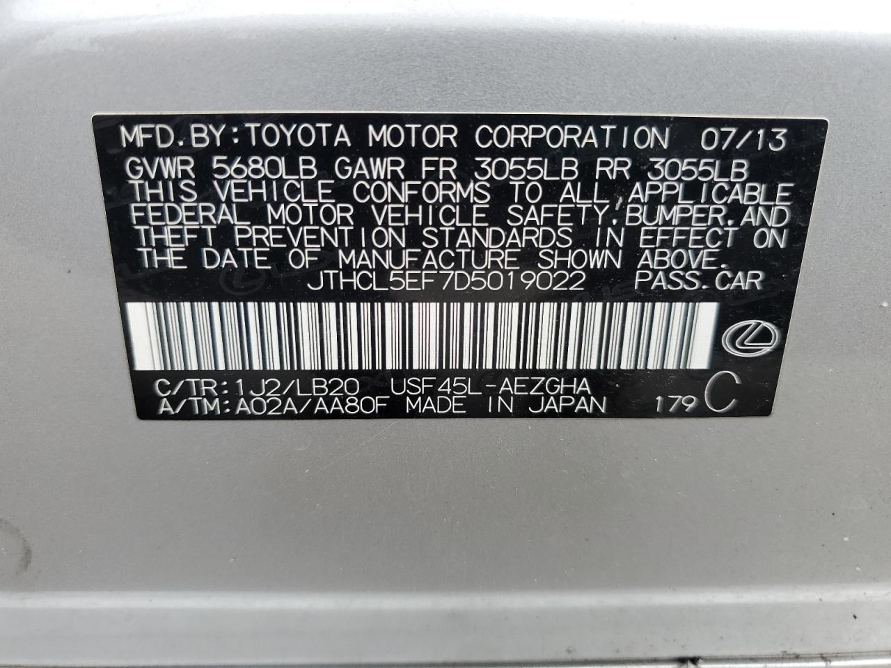 2013 Lexus Ls 460 VIN: JTHCL5EF7D5019022 Lot: 71467865